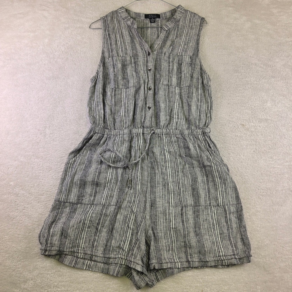 Old Navy Linen Blend Striped Sleeveless Romper Black White V-Neck Drawstring M
